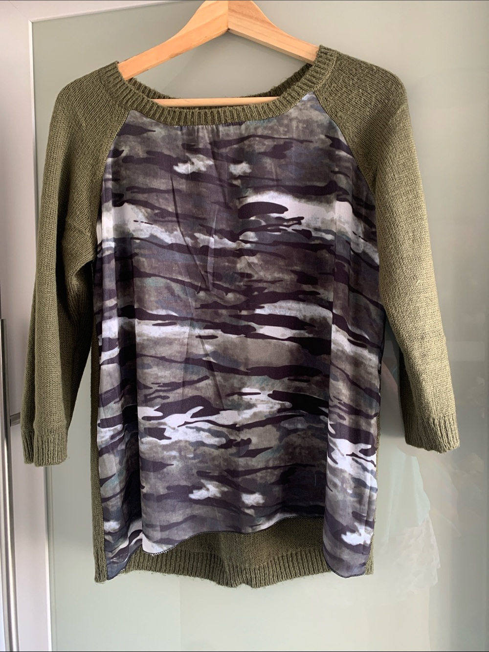 Olive Green Camo Panel Raglan Sweater
